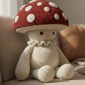 Puede incluir: Muñeca amigurumi de crochet con forma de seta, con un gorro rojo con lunares blancos. La muñeca tiene un tallo, brazos y piernas blancos, y una cara sonriente. El texto "Mushroom Guy Amigurumi Pattern" es visible.
