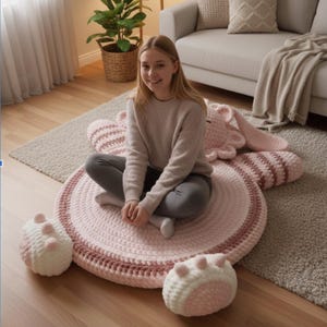 Op de afbeelding: Een gehaakt slaapkonijnpatroon, met een ronde roze en witte mat, een konijnenkop en twee voetvormige kussens. De tekst "Sleeping Bunny Crochet Pattern" staat bovenaan de afbeelding.