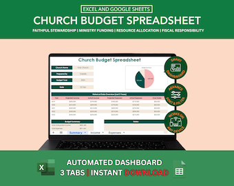 Church Budget Spreadsheet Excel Template | Google Sheets Expense Tracker - Financial Planner | Weekly, Paycheck, Annual Budget, Debt Tracker