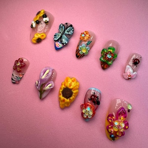 Cottagecore Garden Press-On Nails | 3D Flower, Butterfly & Ladybug Nail Art | Whimsical Nature Aesthetic | Fairy Garden Nails