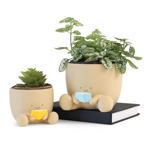 Cozy Reading Book Planter | Pot with Drainage Holes & Base | Gift for Book Lover | Gift for Her, Him | Home Decors