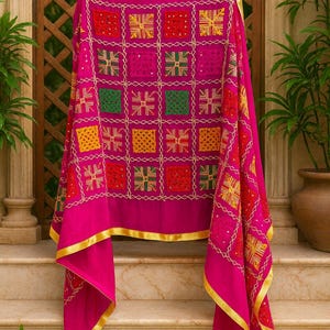 Peut inclure: Textile fuchsia vif avec un motif quadrillé de carrés brodés rouges, verts et jaunes. Les bords sont bordés d'un ruban doré. Le textile est drapé sur une structure en bois.