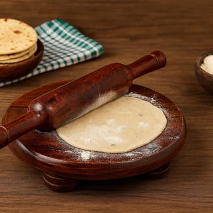 Könnte beinhalten: Ein hölzerner Nudelholz liegt auf einem runden Holzbrett mit einem abgeflachten Teigkreis. Ein Stapel Fladenbrote befindet sich in einer Holzschüssel, und eine kleine Schüssel mit Mehl ist in der Nähe.