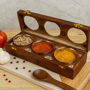 May include: A wooden spice box with three stainless steel bowls filled with spices. The box is open, revealing the spices, and sits on a white and beige cutting board with a wooden spoon.
