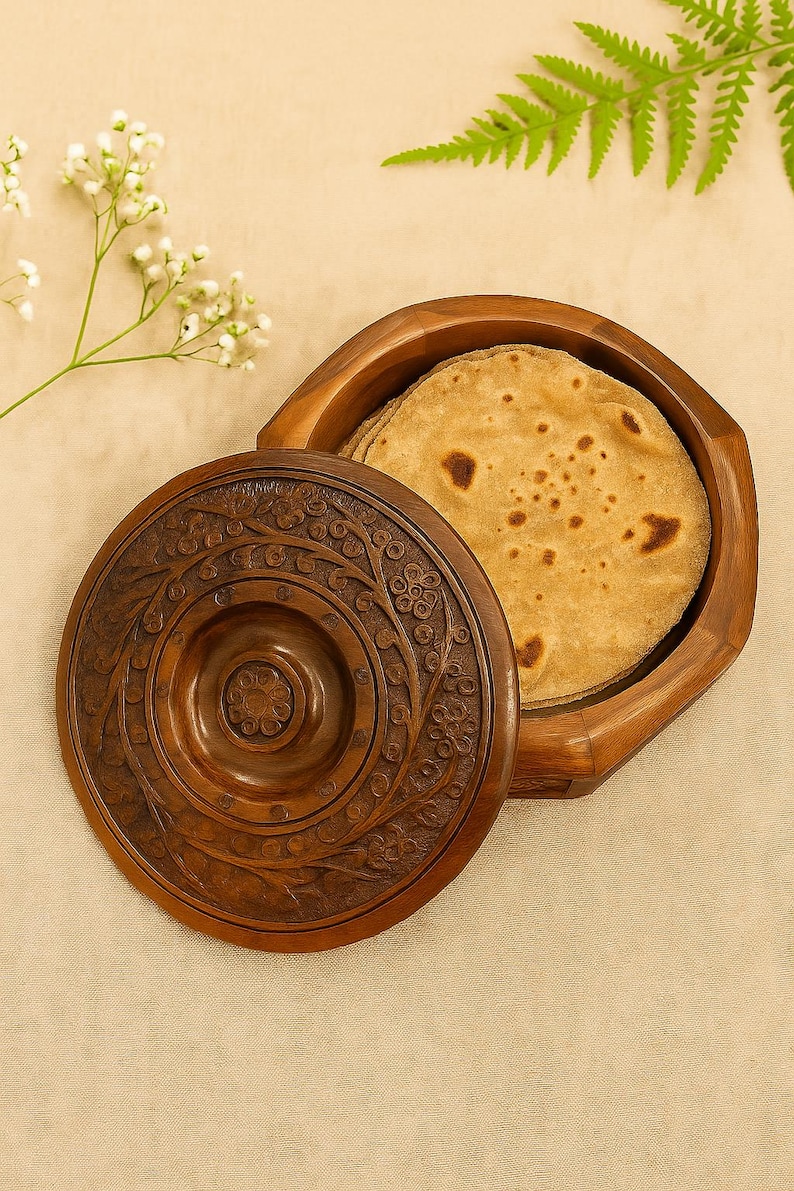 Wooden Chapati Box | Handmade Roti Box With Lid | Indian Roti Dabba ...