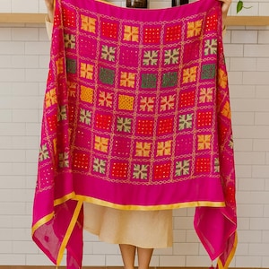 Women Fancy Handmade Mirror Work Phulkari Dupatta Multicolour,Phulkari Chunni,Scarf,Red Phulkari Dupatta,Indian Phulkari Style,Threadwork