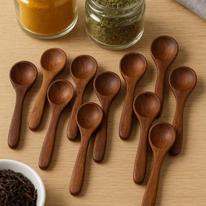Könnte beinhalten: Kleine Holzlöffel, neben Gläsern mit gelbem Pulver und grünen Kräutern. Eine kleine weiße Schüssel enthält dunkle Teeblätter. Die Löffel sind auf einer hellen Holzoberfläche angeordnet.