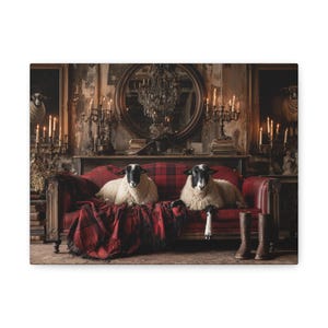 Tartan Sheep in the Library,Rustic Farmhouse Sheep Wall Art, Highland Sheep on Red Sofa Canvas Print, Vintage Country Cottagecore Decor