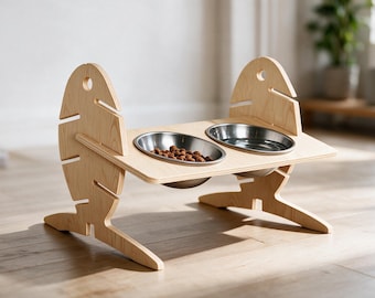 Elevated Wooden Pet Feeder, Double Stainless Steel Bowl Stand for Cats & Dogs
