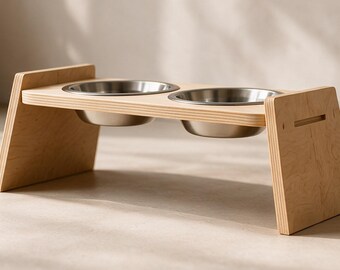 Wooden Pet Feeder, Stainless Steel Bowls for Cats and Dogs, Indoor Pet Bowls