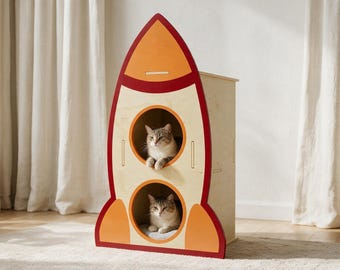 Two-Story Rocket Cat House, Wooden Indoor Cat Condo for Two Cats