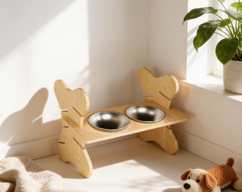Wooden Dog Bowl Stand, Elevated Double Bowl Feeder for Cats & Dogs