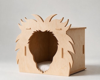 Lion Plywood Cat House, Flat-Pack Wooden Cat Bed for Indoor Cats