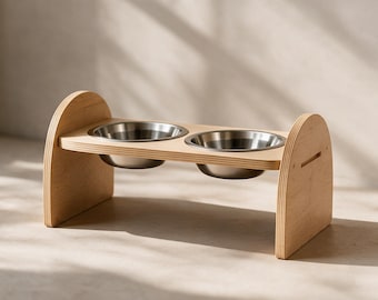 Wooden Pet Feeder, Stainless Steel Bowls for Cats and Dogs, Indoor Pet Bowls