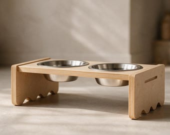 Wooden Pet Feeder, Stainless Steel Bowls for Cats and Dogs, Indoor Pet Bowls