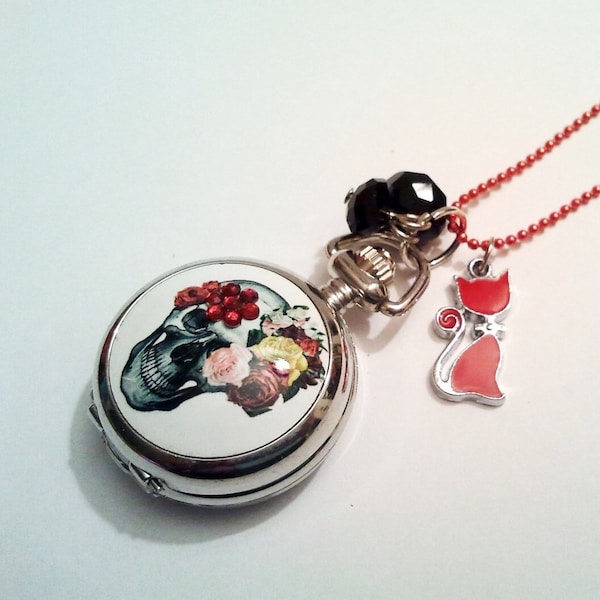 Montre horloge à breloques fleurs argentées avec pendentif chat rouge Collier chaîne boule Cool Emo Kawaii