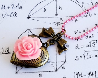 Romantic heart shaped and pink rose rose flower locket charm pendant necklace