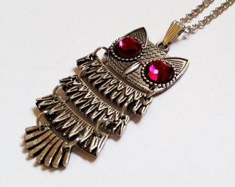 Night watch - Gothic Steampunk silver Swarovski Crystal Fuchsia dark pink eyed owl charm pendant necklace