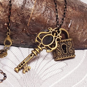 Lockdown - Gothic Steampunk Bronze lock and key charm pendant necklace