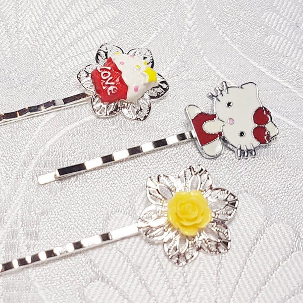 3 pcs Hair Bobby Pins set - Gothic Romantic Steampunk rouge rose jaune, cupcake et kitty