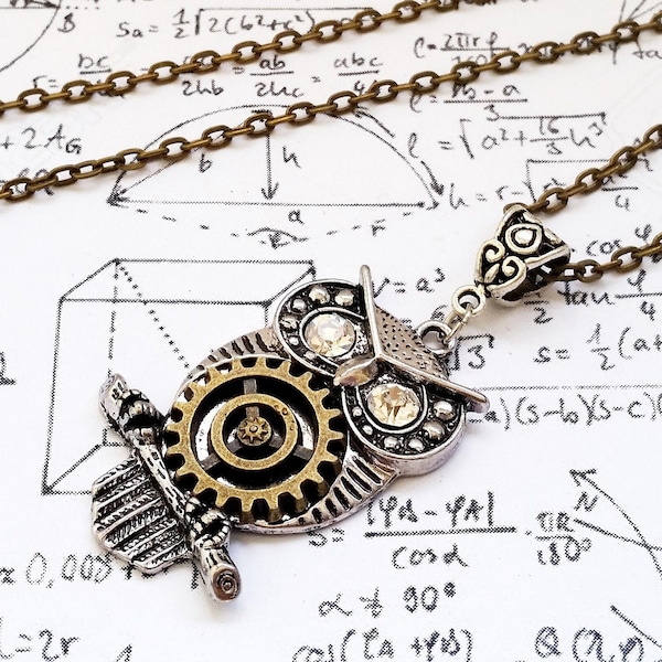 Gothique Steampunk Argent hibou Bronze horloge engrenage rouage cristal yeux charme pendentif collier