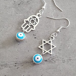 Traditional Evil Eye Hamsa Hand Jewish Star of David odd Mixed couple dangle earrings