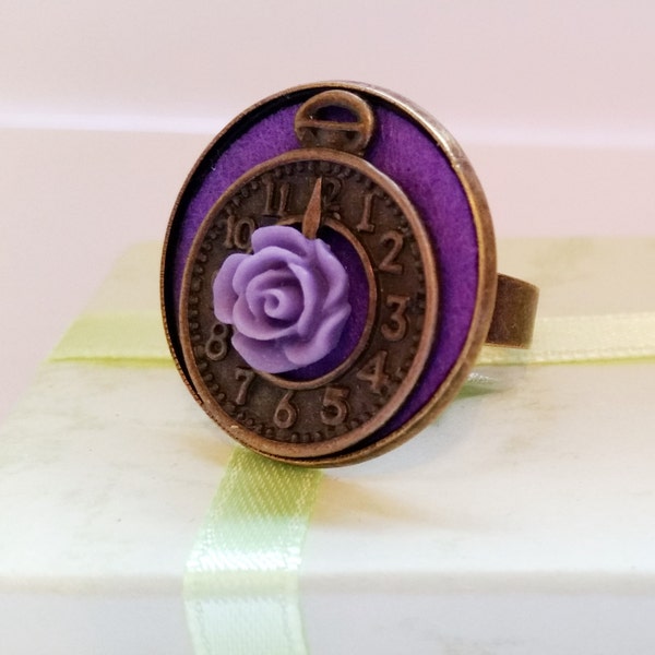 Gothic Vintage steampunk bronze purple watch clock and rose flower adjustable finger ring