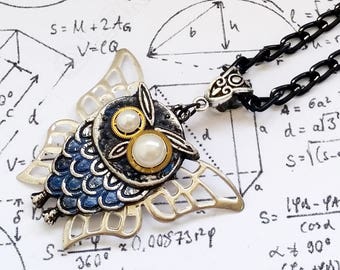 Crazy ButterOwl - Gothic Steampunk butterfly wings black and blue patina Owl pearl gear odd eyes charm pendant necklace