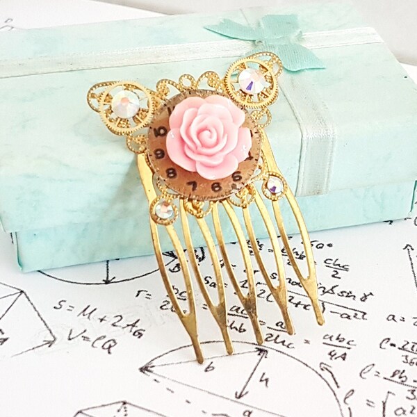 Free Love - Gothic Steampunk Vintage Golden hair accessory filigree Butterfly Gear Cog Rose crystal comb