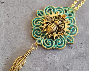 Gothic Steampunk Golden Green Patina Bee Insect and Feather Filigree charm pendant necklace