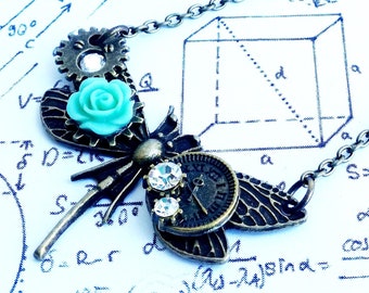 Gothic Bronze Dragonfly insect wings steampunk Crystal Rose Flower Clock Gog Gear charm pendant necklace