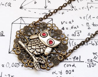 Pink Eyes - Gothic Steampunk Owl filigree flower Element charm pendant necklace