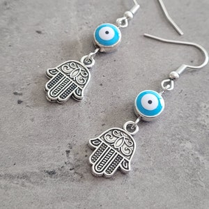 Traditional Evil Eye Hamsa Hand Jewish Hebrew dangle earrings