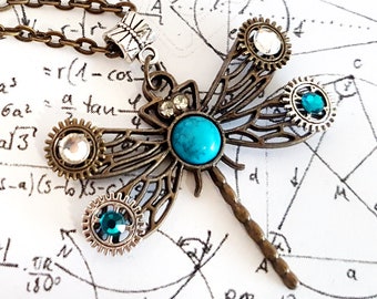 Don't You Want Me - Gothic Firefly Dragonfly insect with cogs and gears crystals steampunk charm pendant necklace