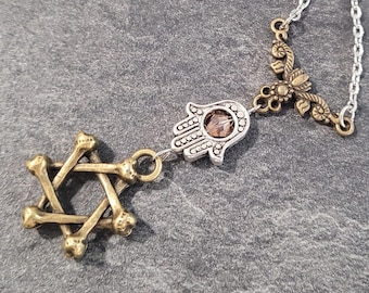 Collar con colgante de estrella de David con filigrana judía de bronce y plata con mano de Hamsa y mal de ojo