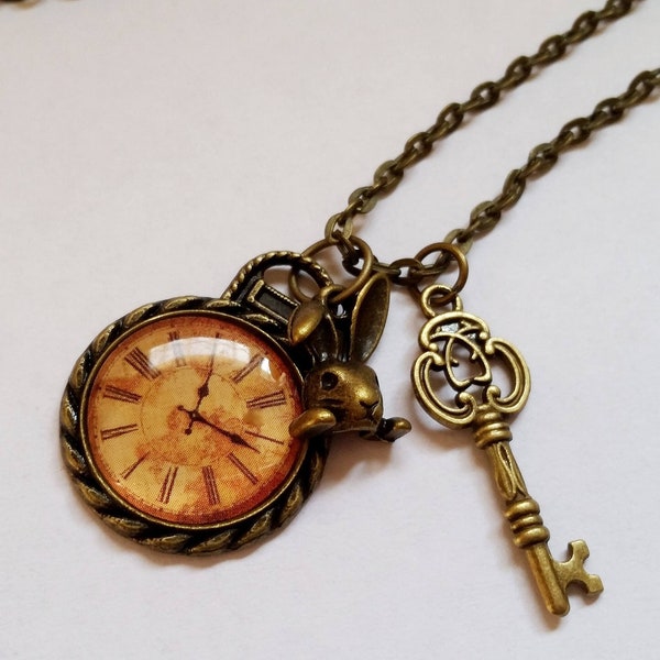 Who the F*** is Alice - Gothic Steampunk Alice in Wonderland pocket watch rabbit key charm pendant necklace