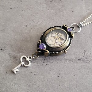 Gothic Steampunk Bronze Romantic swarovski heart love key clock mechanism inside charm pendant necklace