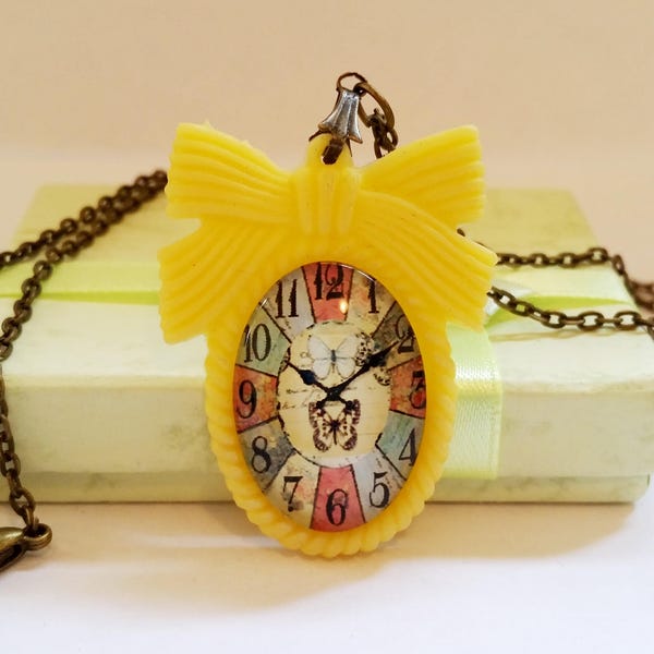 Submarine Clock - Gothic Kawaii steampunk resin cabochon clock watch bow charm pendant necklace