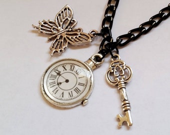 All in Good Time - Gothic Steampunk pocket watch butterfly key charm pendant necklace