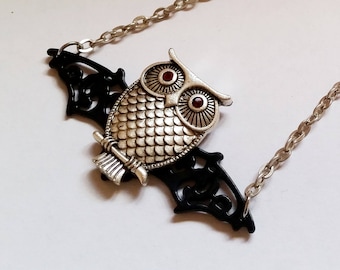 Black Nights - Original steampunk owl with bat wings charm pendant necklace