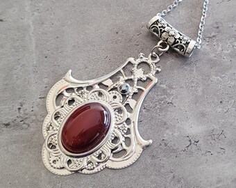 Stenåldern #2 - Halsband med silverfiligran, naturlig röd onyxsten, cabochon, droppformad berlock