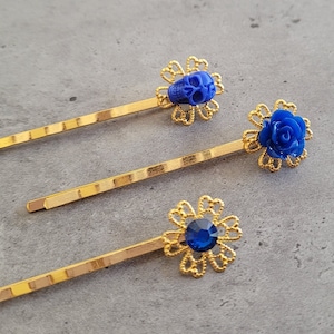 3 pcs Hair Bobby Pins set - Gothic Punk Rock Romantic Steampunk in Gold and Blue