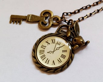 Where is Alice? - Gothic Steampunk Alice in Wonderland pocket watch rabbit key charm pendant necklace