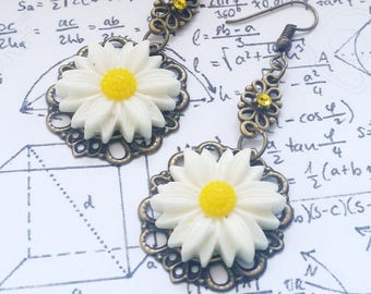 Bronze, Yellow and White Daisy Chrysanthemum flower dangle earrings