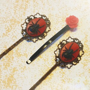 3 Stk Haarspangen Haarspangen Set - Gothic Romantisch Steampunk Rote Blume und Spinnen