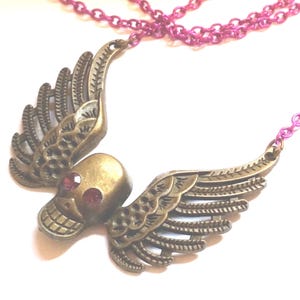 Purple Death - Bronze Rock steampunk Skull with wings crystal eyes charm pendant necklace