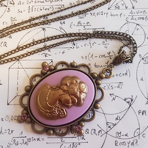 Lilac Purple and Bronze Victorian Lady Cameo Romantic Filigree cabochon charm pendant necklace