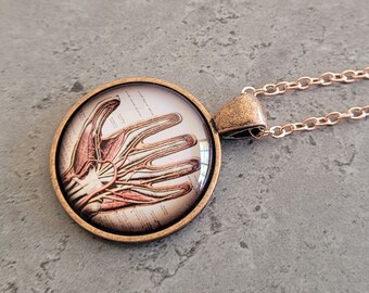 Hard to Handle - Gothic steampunk Human Hand Copper cabochon charm pendant necklace