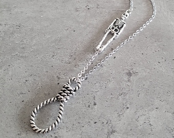 Accrochez-vous là-bas - Collier pendentif à breloques noeud coulant gothique steampunk argent squelette humain pendu