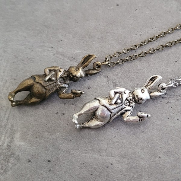 The White Rabbit - Gothic Steampunk Bronze or Silver Alice in Wonderland Pocket Watch Clock Rabbit charm pendant necklace